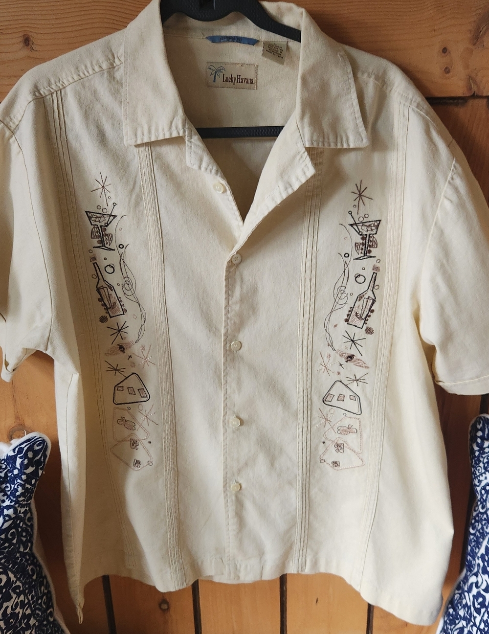Men's Cream Embroidered Retro Martini And Playing Card Short-Sleeve Shirt